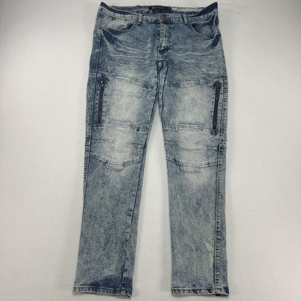 Rocawear Jeans Mens 36x31 Blue Slim Tapered Acid Wash Denim Zip Pockets Moto Y2K